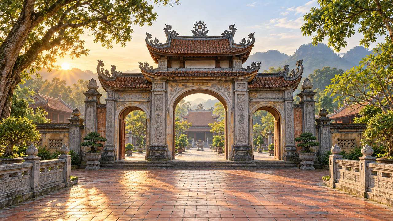 Cổng tam quan và lối gạch dẫn vào một ngôi chùa truyền thống Việt Nam.