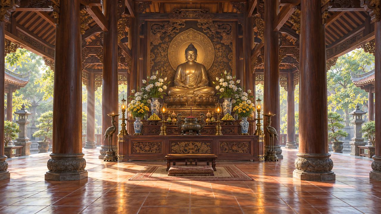 Chính điện thờ Phật trong chùa Việt Không gian chính điện thanh tịnh với tượng Phật, hoa và đèn thờ.