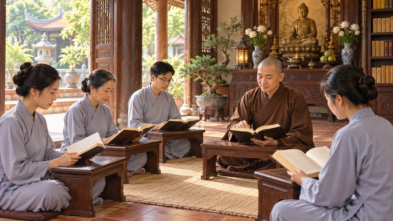 Đọc kinh và tu học tại chùa Người tu học ngồi ngay ngắn, cùng đọc sách trong gian nhà chùa.