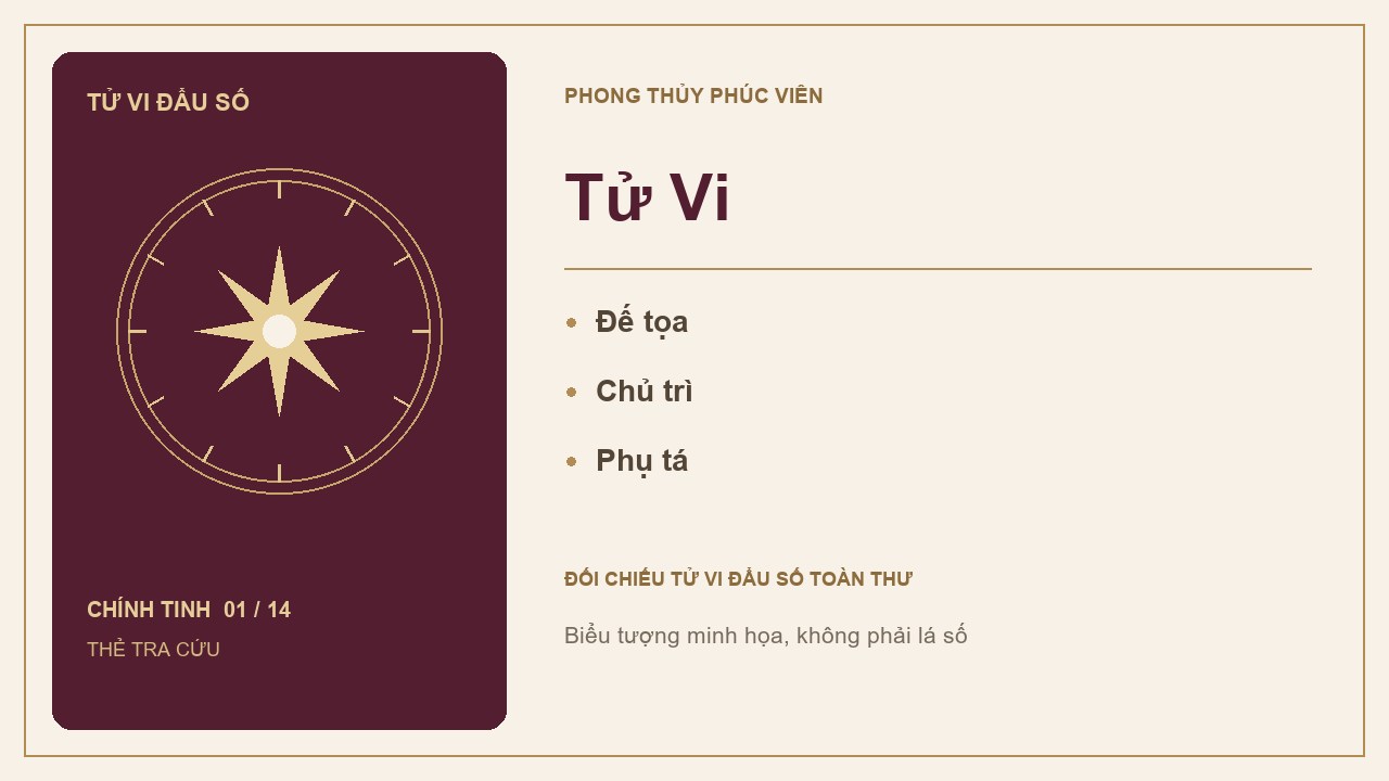 Thẻ tra cứu sao Tử Vi trong 14 chính tinh Tử Vi, với các từ khóa: Đế tọa, Chủ trì, Phụ tá.