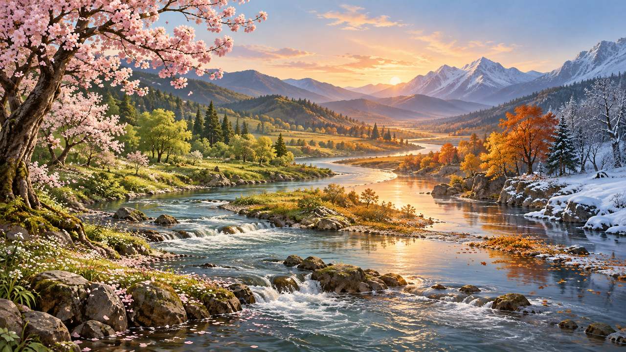 Dòng sông uốn qua cảnh vật đổi mùa, minh họa sự tiếp nối của đời sống.