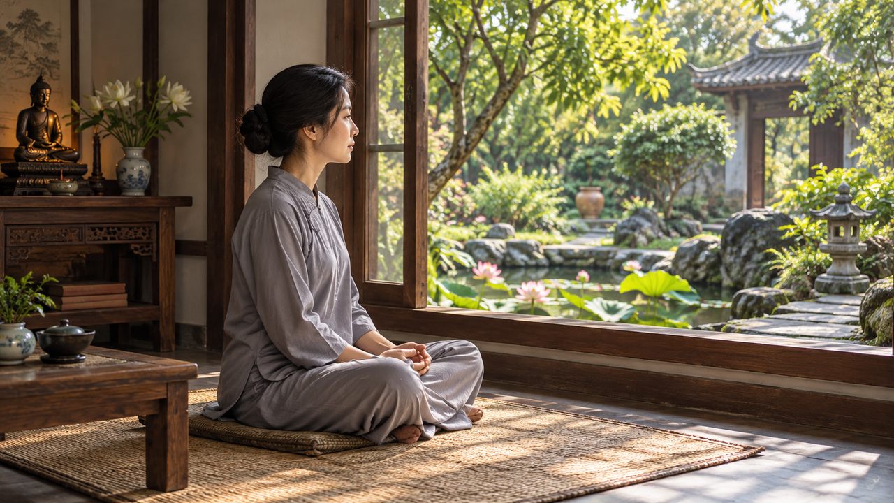 Con đường tu tập và nhìn lại tâm mình Một người ngồi thiền bên cửa sổ mở ra khu vườn yên tĩnh.