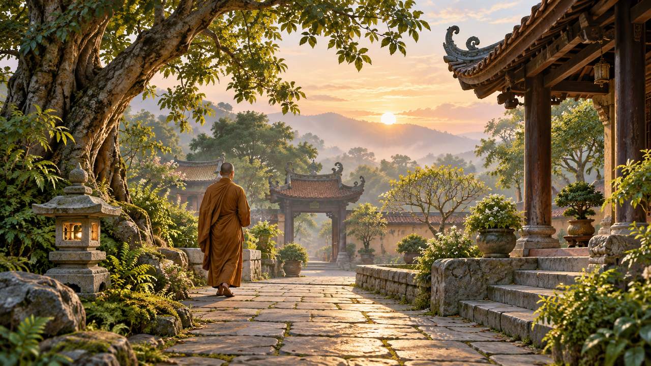 Tu học hướng đến giải thoát Một nhà sư đi trên lối đá trong vườn chùa yên tĩnh, ánh sáng buổi sớm mở ra phía trước.