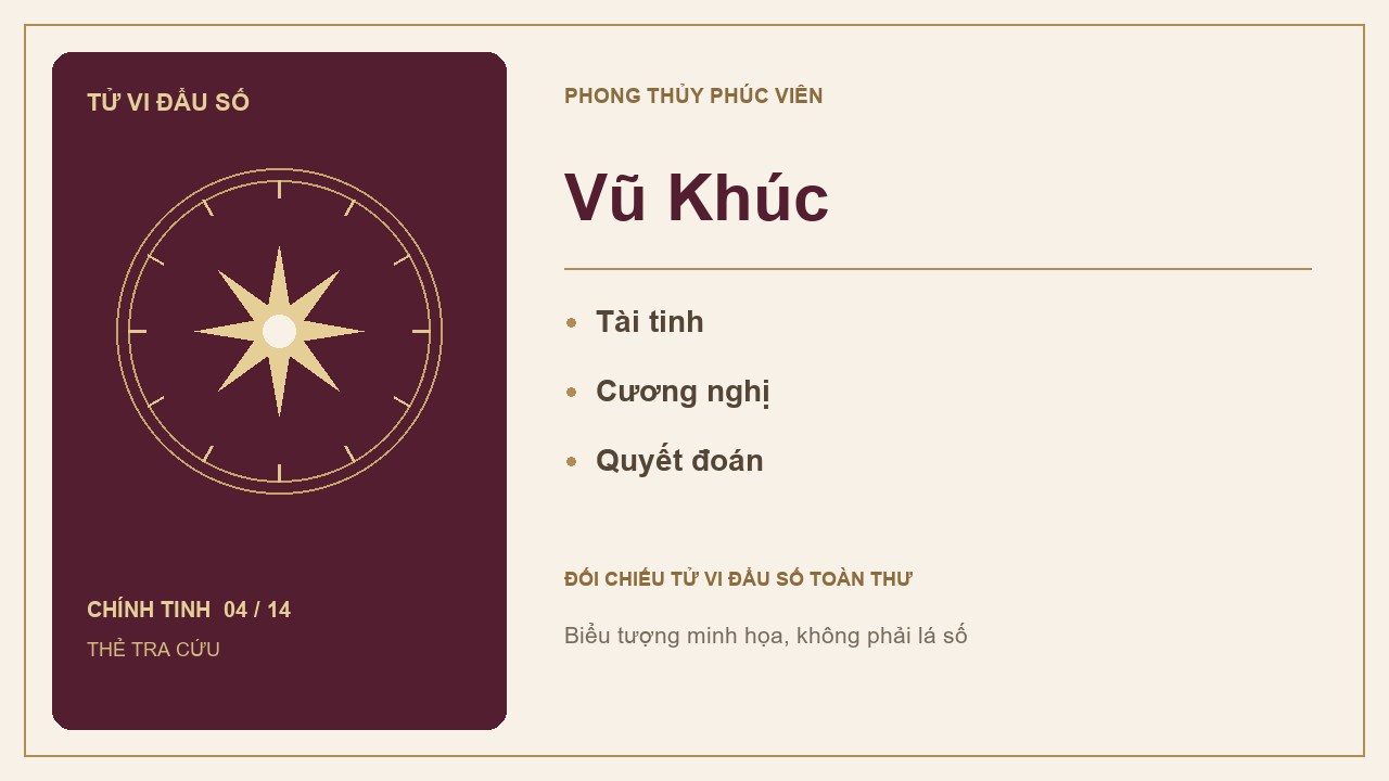 Thẻ tra cứu sao Vũ Khúc trong 14 chính tinh Tử Vi, với các từ khóa: Tài tinh, Cương nghị, Quyết đoán.