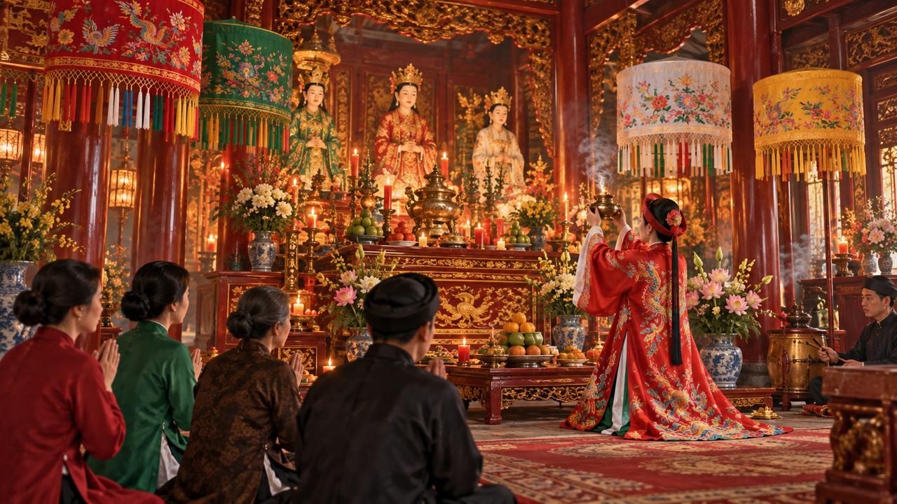 Nội thất đền phủ với ban thờ, sắc màu truyền thống và đồ thờ trang nghiêm.