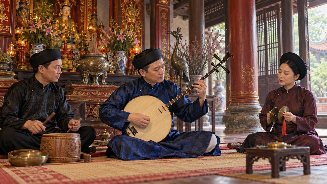 Hát văn trong thực hành tín ngưỡng thờ Mẫu Cung văn và nhạc công trình diễn trong không gian đền phủ.