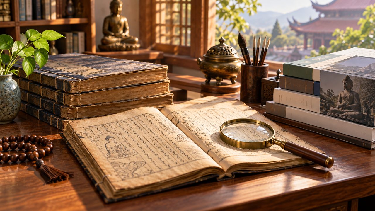 Kinh điển và việc tìm hiểu các hệ thống địa ngục Sách kinh và tư liệu đặt trên bàn đọc, minh họa việc đối chiếu văn bản.