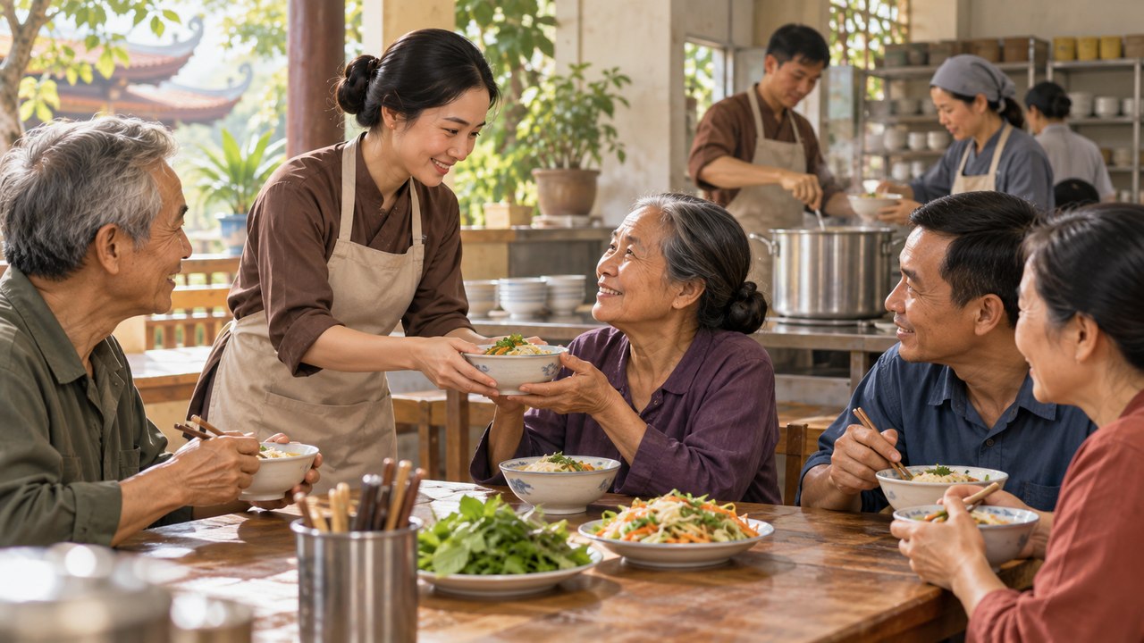 Nuôi dưỡng lòng từ trong đời sống Một người trao bát thức ăn cho người khác trong khung cảnh bình dị.