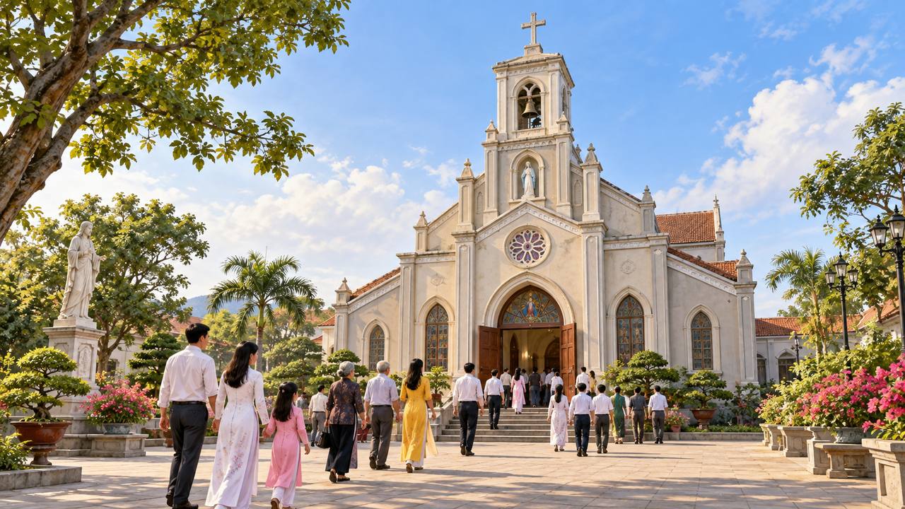 Một nhà thờ tại Việt Nam với tháp chuông và giáo dân đến dự lễ.