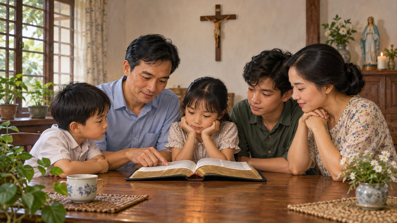 Gia đình và đời sống đức tin Công giáo Một gia đình cùng đọc Kinh Thánh bên bàn ăn trong nhà.