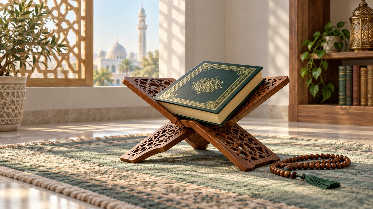 Qur’an trong đời sống người Muslim Quyển Qur’an đặt trang trọng trên giá gỗ, bên cạnh là chuỗi hạt.