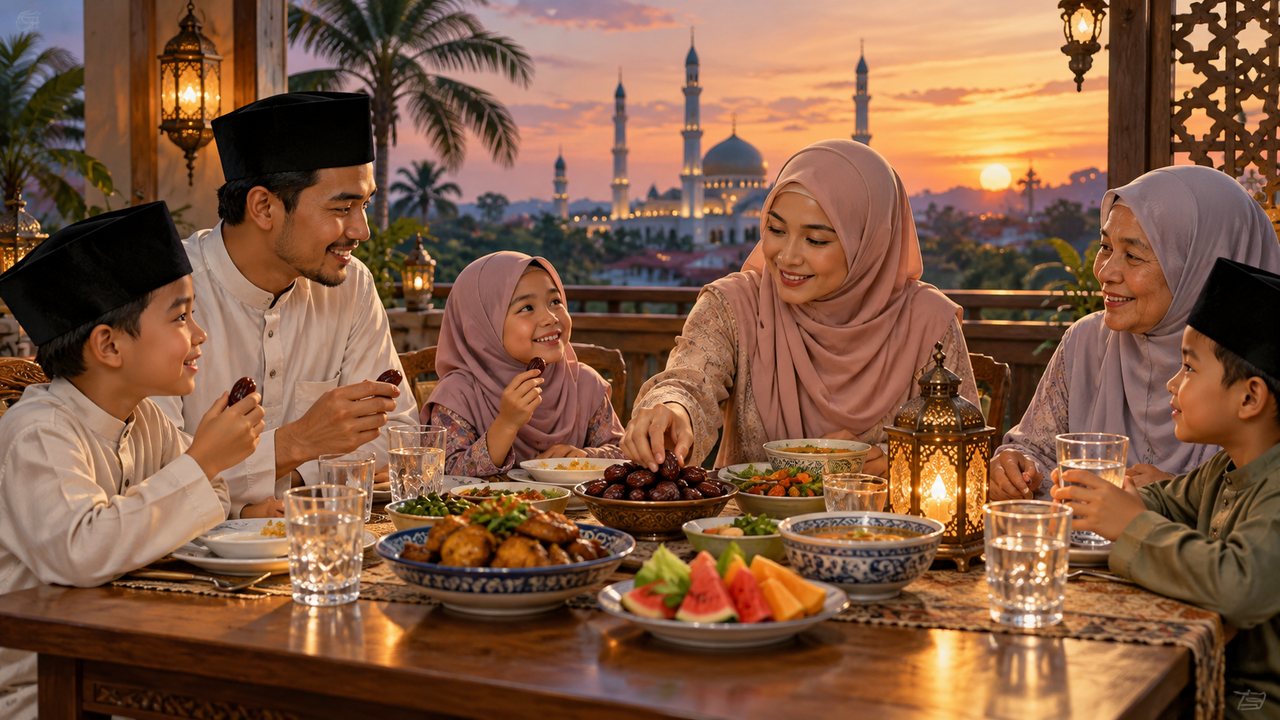 Chia sẻ bữa ăn sau một ngày chay Ramadan Gia đình chuẩn bị bữa ăn với nước, chà là và món ăn giản dị.