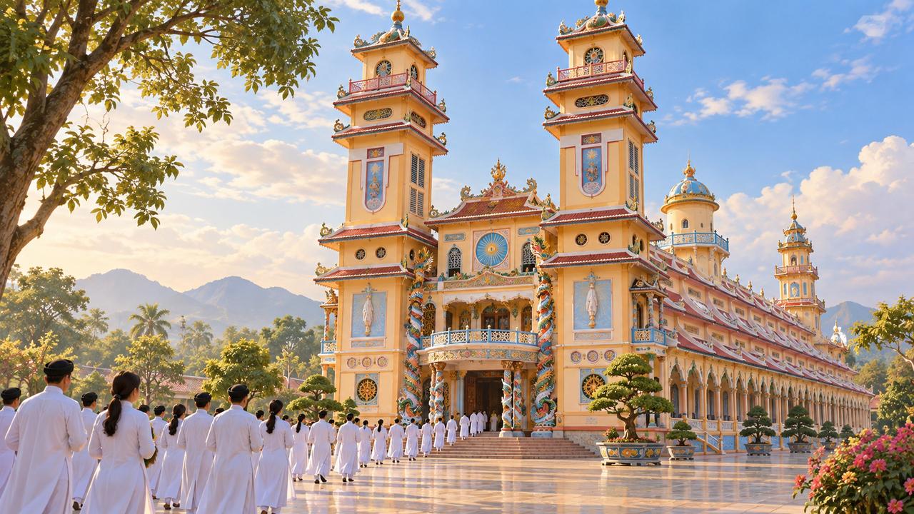 Một thánh thất với tháp đôi và sân rộng trong ánh sáng ban ngày.