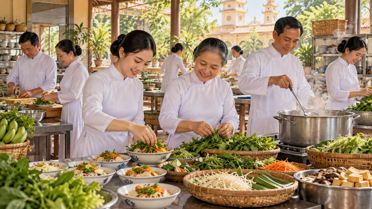 Tu dưỡng và phụng sự trong đời sống Cao Đài Người mặc áo dài trắng cùng chuẩn bị bữa ăn giúp cộng đồng.