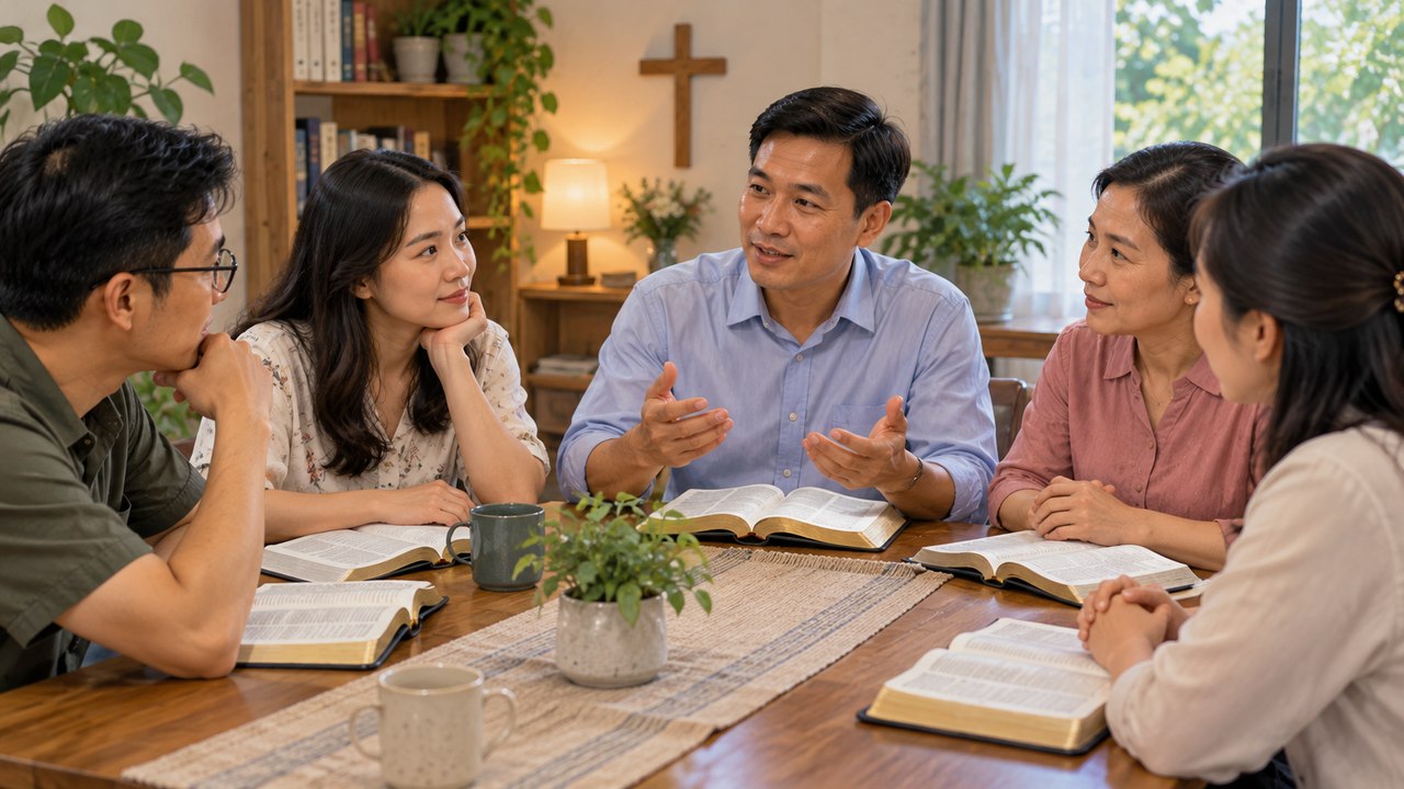 Học Kinh Thánh trong nhóm nhỏ Các tín hữu cùng đọc Kinh Thánh và trao đổi quanh bàn.