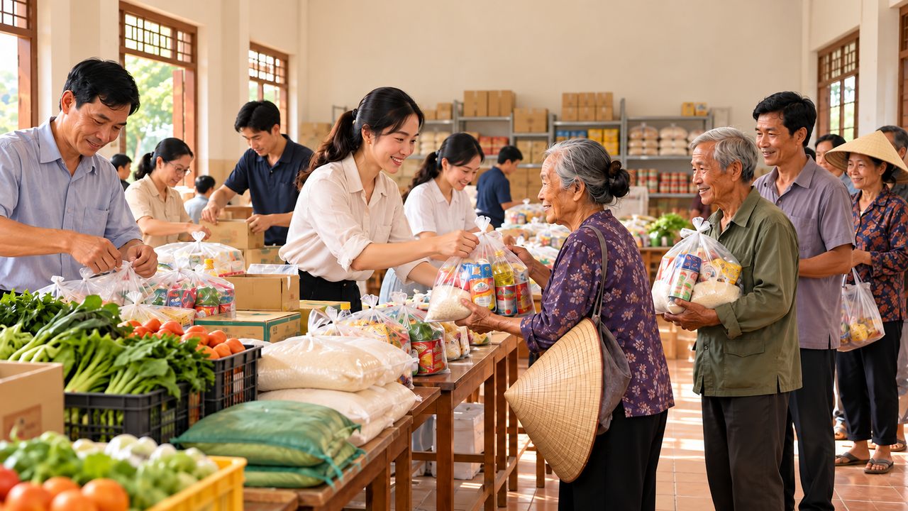 Đức tin thể hiện qua sự phục vụ Những người tình nguyện trao thực phẩm cho người dân trong phòng sinh hoạt cộng đồng.