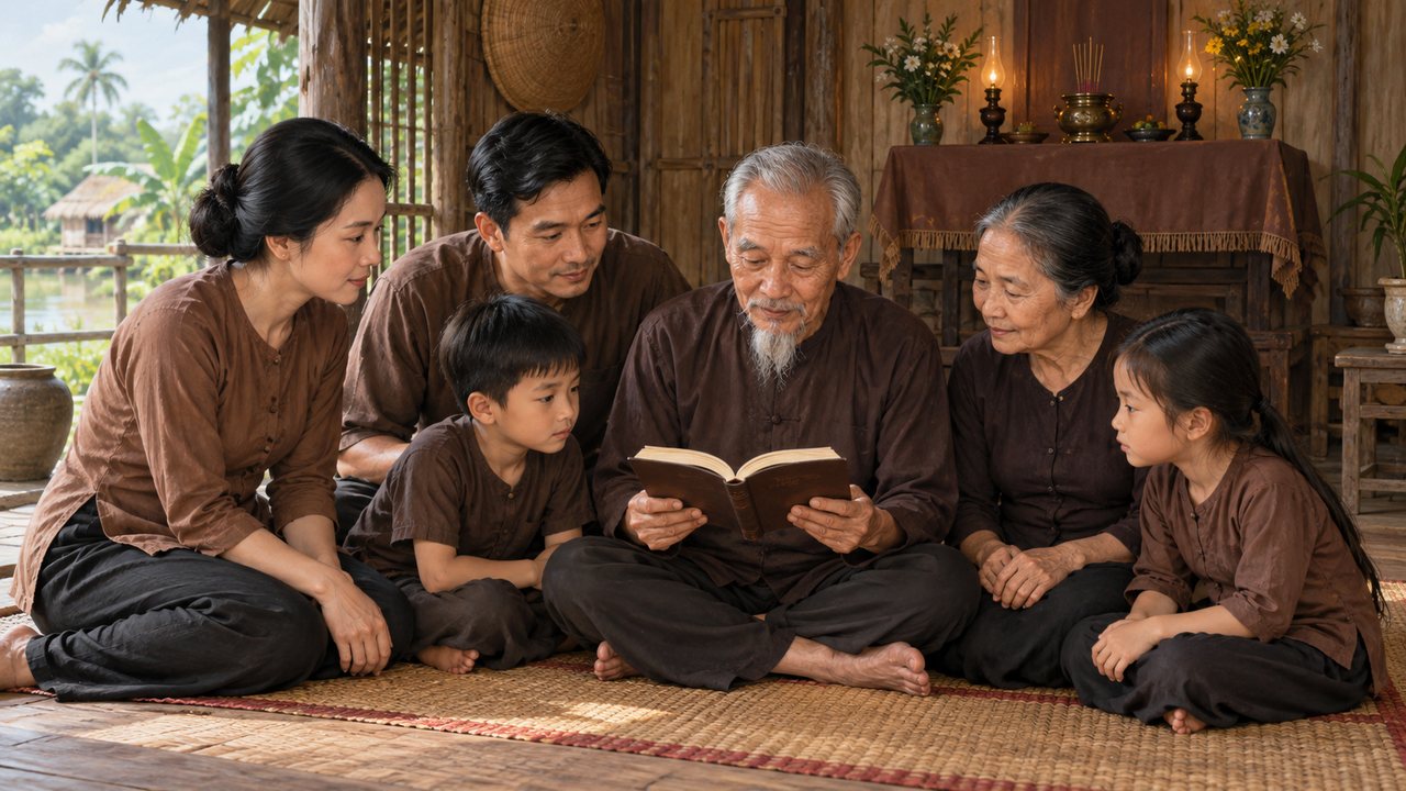 Học Phật và tu nhân trong đời sống gia đình Gia đình cùng đọc sách đạo trong gian nhà Nam Bộ giản dị.