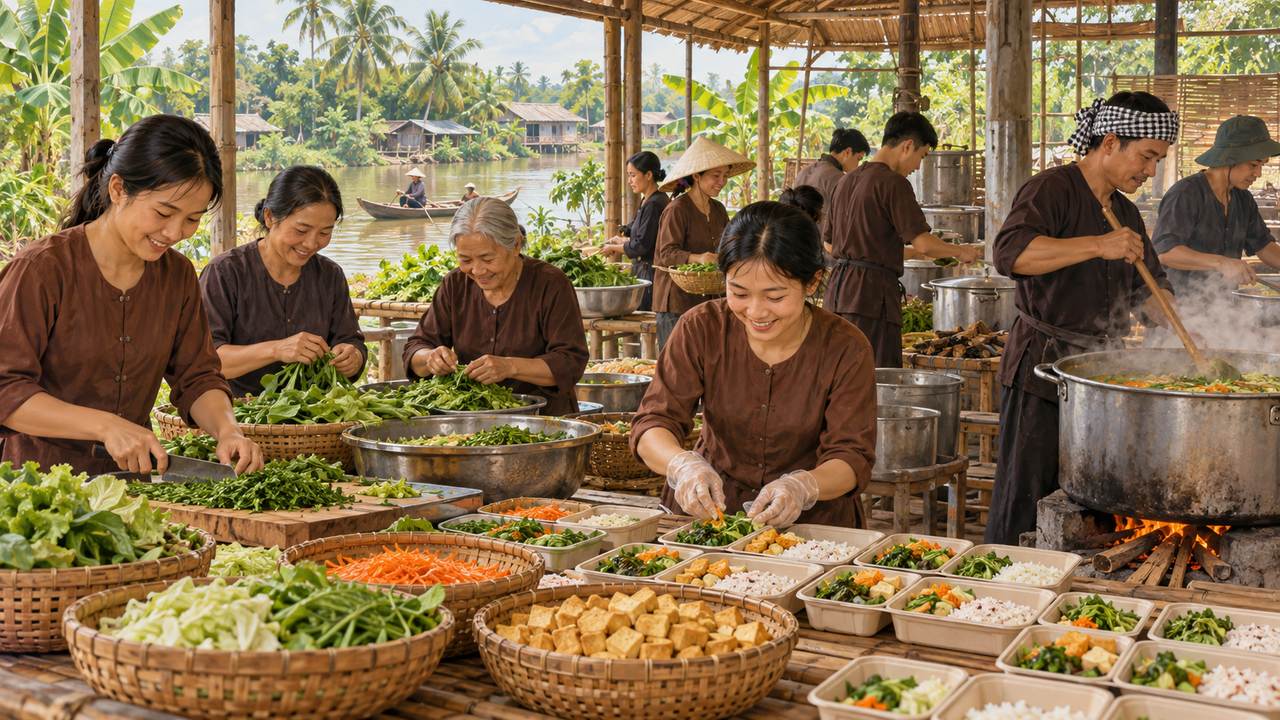Đền đáp ân nghĩa qua việc giúp người Người dân cùng nấu cơm chay phục vụ cộng đồng tại miền Tây.