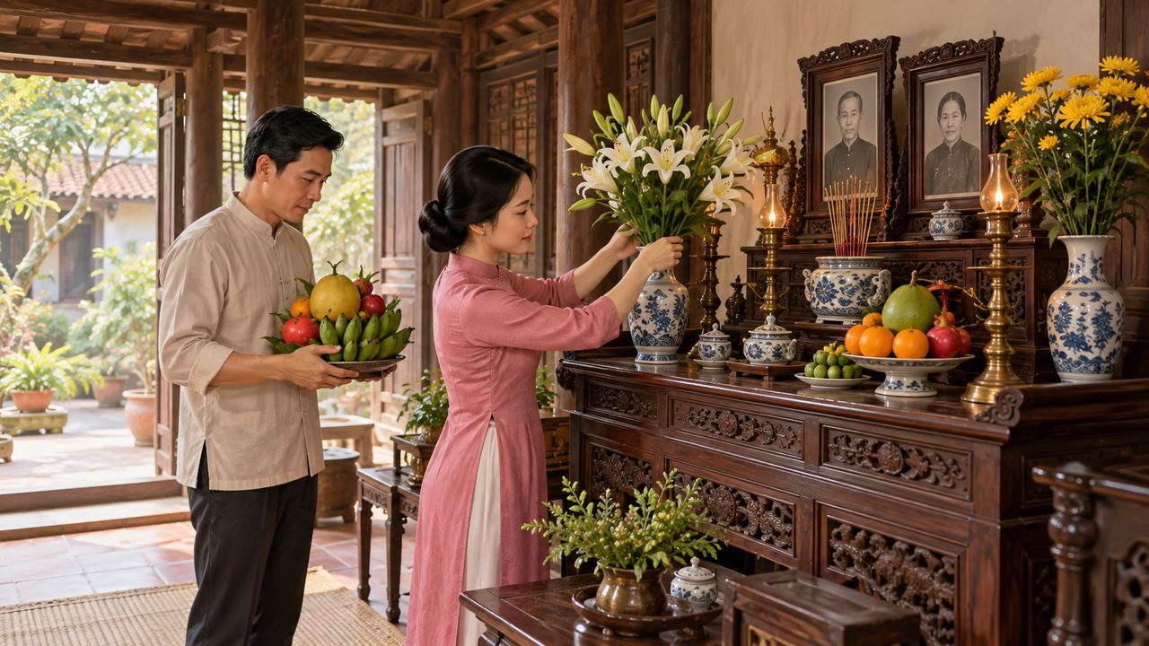 Con cháu sửa soạn hoa và mâm quả trước bàn thờ gia tiên.