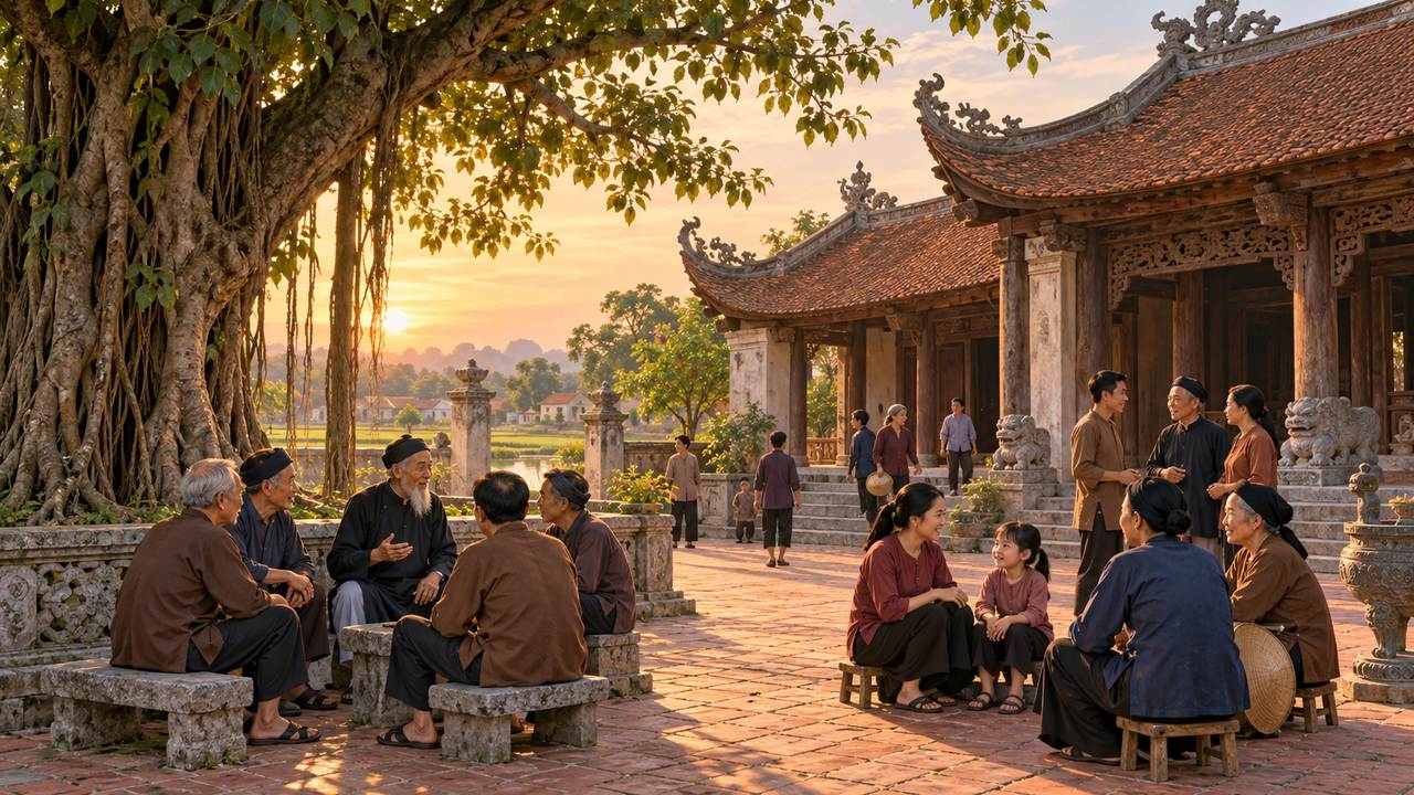 Đình làng và ký ức cộng đồng Ngôi đình truyền thống bên sân gạch, nơi sinh hoạt của cộng đồng làng.
