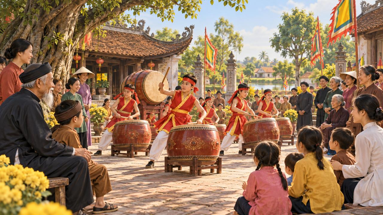 Lễ hội và sự trao truyền tín ngưỡng Người lớn cùng trẻ nhỏ tham gia sinh hoạt văn hóa trong sân đình.