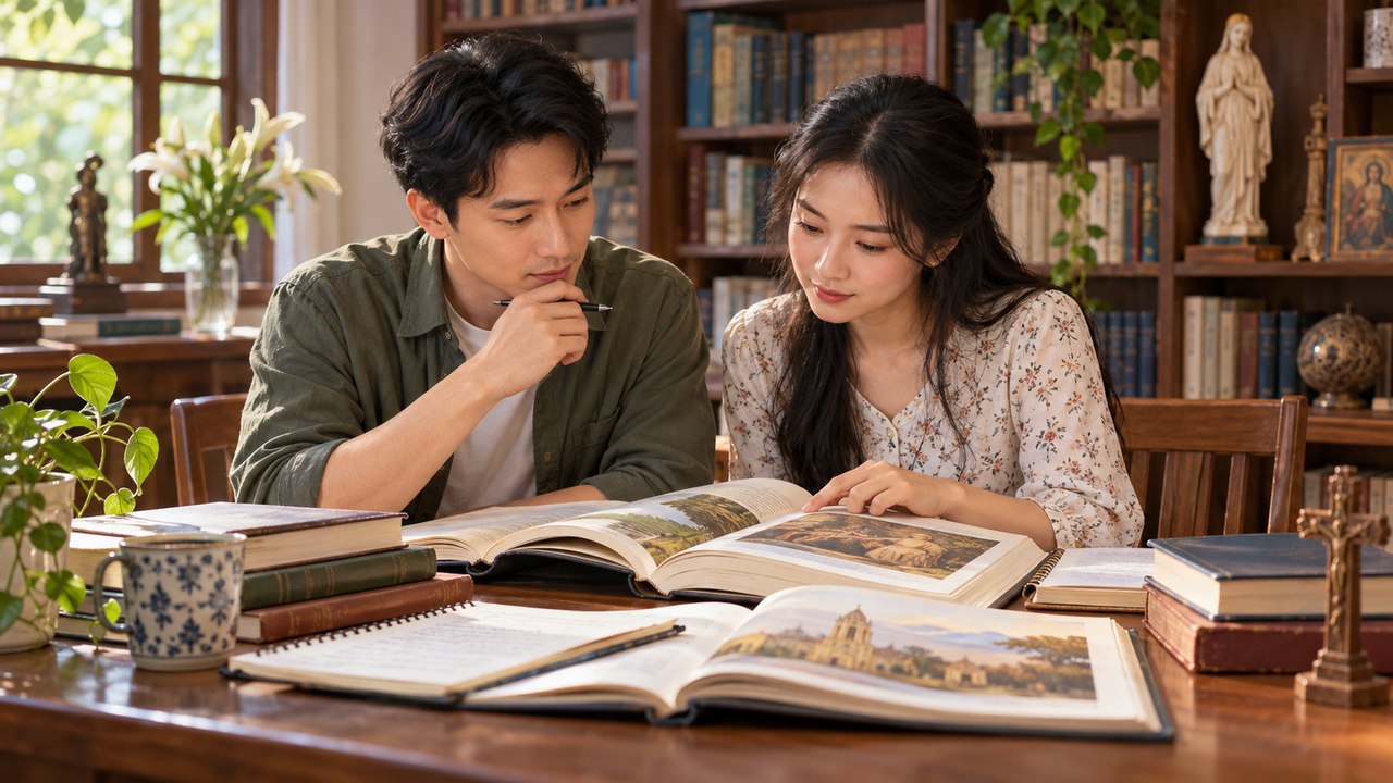 Đối chiếu nguồn trước khi giải thích Hai người cùng đối chiếu sách và ghi chép tại bàn đọc.
