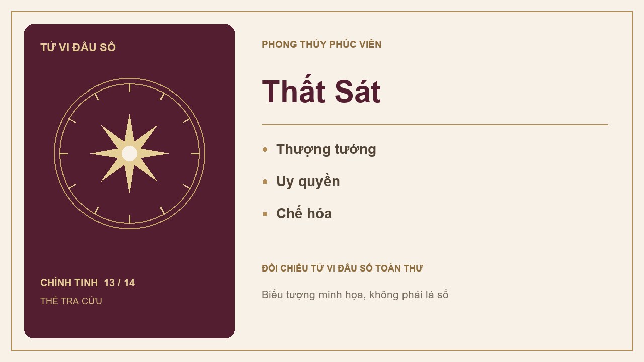 Thẻ tra cứu sao Thất Sát trong 14 chính tinh Tử Vi, với các từ khóa: Thượng tướng, Uy quyền, Chế hóa.