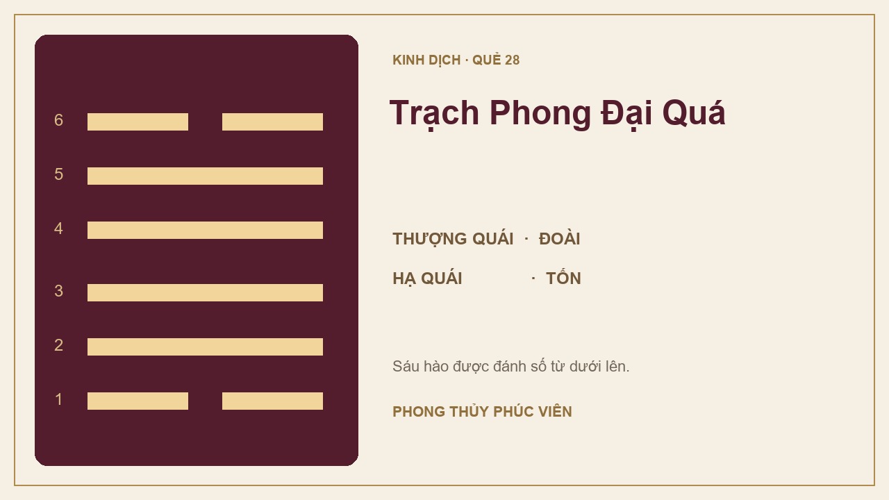 Sơ đồ quẻ Trạch Phong Đại Quá số 28: Đoài trên, Tốn dưới; sáu hào được đánh số từ dưới lên.