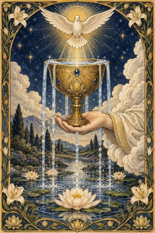 Ace of Cups (Át Cốc): bàn tay từ mây nâng cốc vàng tràn nước xuống hồ có hoa, phía trên là chim trắng.