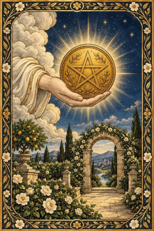 Ace of Pentacles – Át Tiền: bàn tay từ đám mây nâng đồng tiền vàng lớn phía trên vườn hoa và cổng vòm.