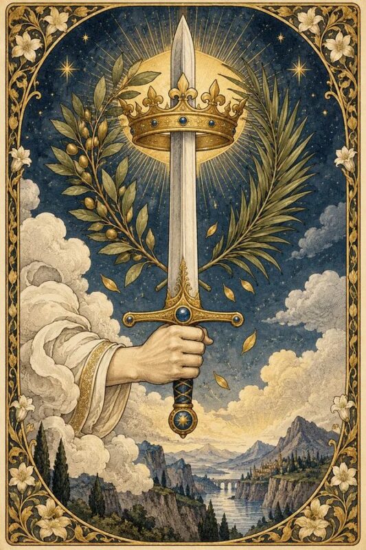Ace of Swords (Át Kiếm): bàn tay từ mây nâng kiếm thẳng có vương miện gần mũi, nhánh lá và núi thung lũng phía dưới.