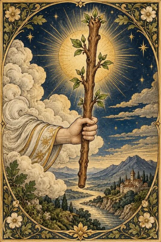 Ace of Wands (Át Gậy): bàn tay từ đám mây nắm cành gậy ra lá, phía sau là ánh sáng, thung lũng và núi xa.