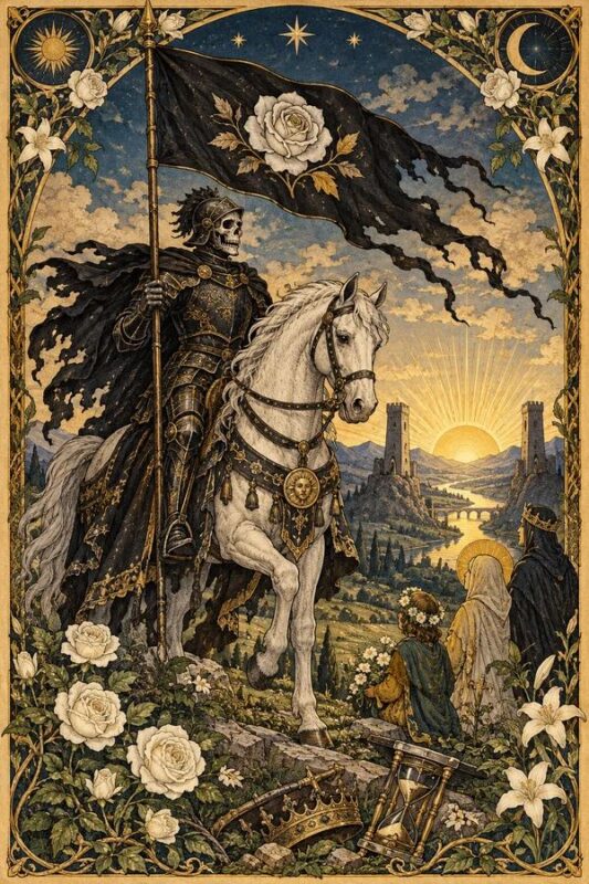 Death (Cái Chết): bộ xương mặc giáp cưỡi ngựa trắng, cầm cờ đen có hoa hồng trắng giữa hoa lá và ánh sáng chân trời.