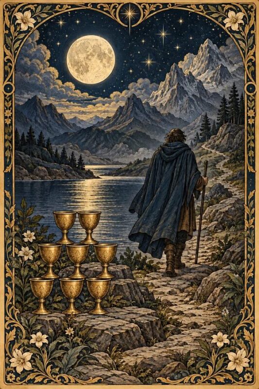Eight of Cups (Tám Cốc): người khoác áo bước đi bên nước và núi dưới trăng sáng, các cốc xếp ở tiền cảnh.