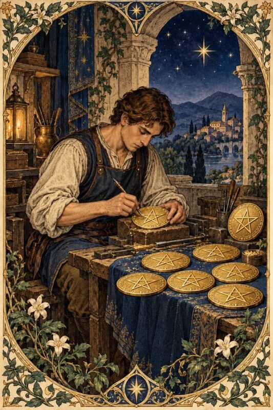 Eight of Pentacles – Tám Tiền: người thợ trẻ dùng dụng cụ làm đồng tiền trên bàn, các đồng vàng xếp cạnh cửa mở ra cảnh đêm.