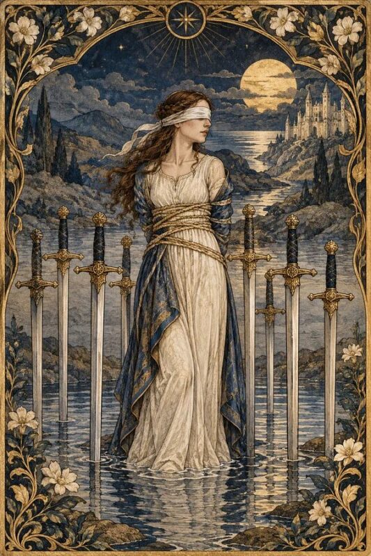Eight of Swords – Tám Kiếm: phụ nữ váy sáng bịt mắt đứng giữa các thanh kiếm trên nước nông, phía xa có núi và ánh trăng.
