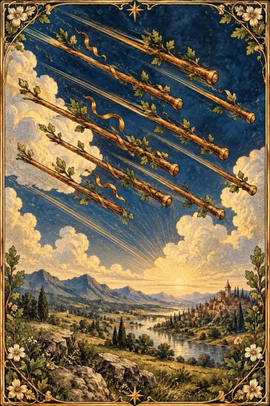 Eight of Wands (Tám Gậy): những cây gậy bay chéo qua bầu trời trên khung cảnh núi, sông và đồng cỏ.