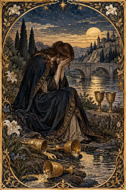 Five of Cups (Năm Cốc): nhân vật cúi người bên nước, cốc đổ phía trước, cốc đứng bên cạnh, cầu và khu nhà phía xa.