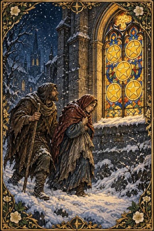 Five of Pentacles – Năm Tiền: hai người trùm áo choàng đi giữa tuyết cạnh cửa sổ kính màu sáng, một người tựa nạng.