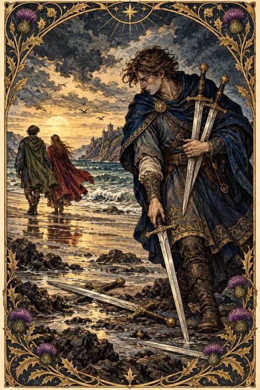 Five of Swords – Năm Kiếm: chàng trai áo choàng sẫm giữ kiếm bên bờ nước, những người phía xa quay lưng rời đi.