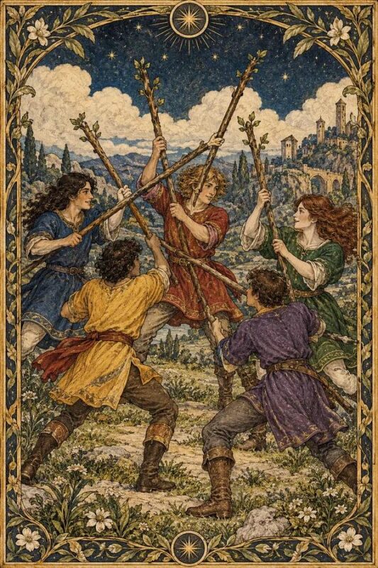 Five of Wands (Năm Gậy): năm người mặc trang phục nhiều màu cầm các cây gậy giao nhau trên bãi đất, phía sau có công trình và mây.