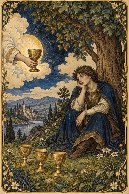 Four of Cups (Bốn Cốc): nhân vật trầm tư ngồi dưới cây, tay đỡ đầu, các cốc phía trước và cốc được đưa từ mây.