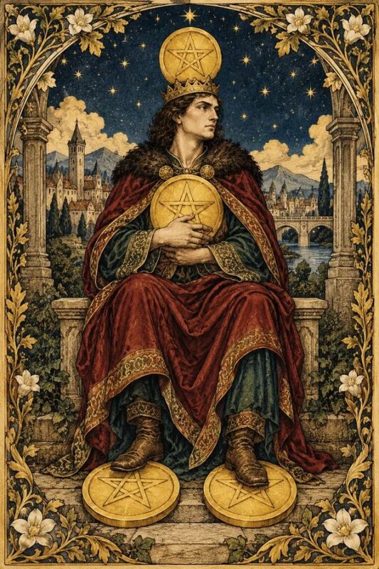 Four of Pentacles – Bốn Tiền: người đội vương miện ôm đồng tiền trước ngực, các đồng vàng quanh đầu và bàn chân, thành quách phía sau.