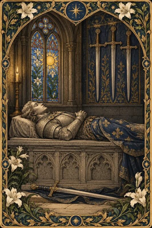 Four of Swords – Bốn Kiếm: người mặc giáp nằm trên bệ đá, ba thanh kiếm trên tường, một thanh bên dưới và cửa sổ kính màu.
