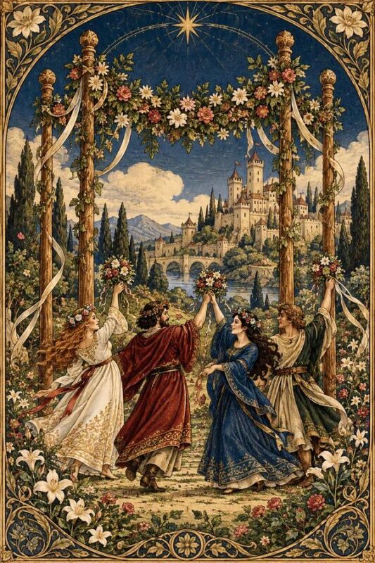 Four of Wands (Bốn Gậy): nhiều người vui múa bên bốn cột gậy kết dây hoa, phía sau là thành phố và núi dưới bầu trời sáng.