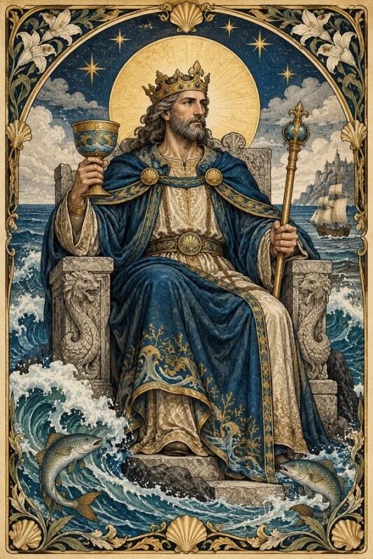 King of Cups (Nhà Vua Cốc): nhà vua áo xanh cầm cốc và quyền trượng bên biển, có sóng, sinh vật biển và thuyền phía xa.