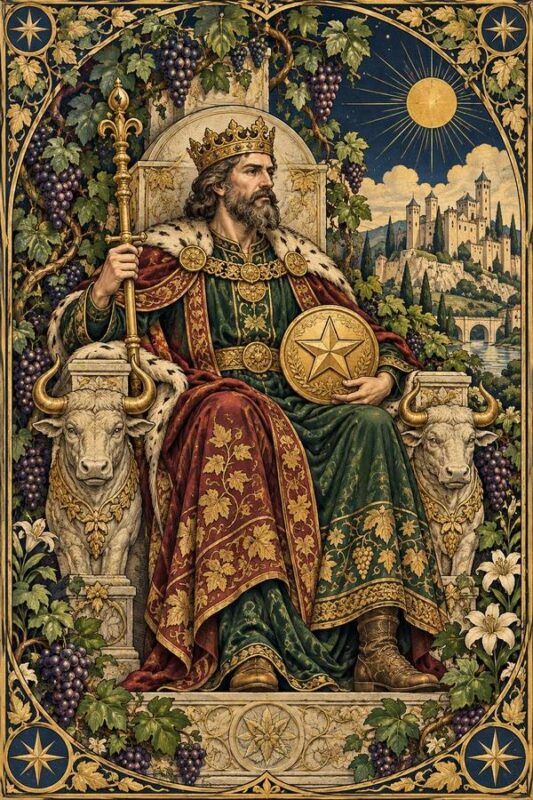 King of Pentacles – Nhà Vua Tiền: nhà vua râu bạc giữ trượng và đồng tiền trên ngai có đầu bò, giữa dây nho và hoa lá.