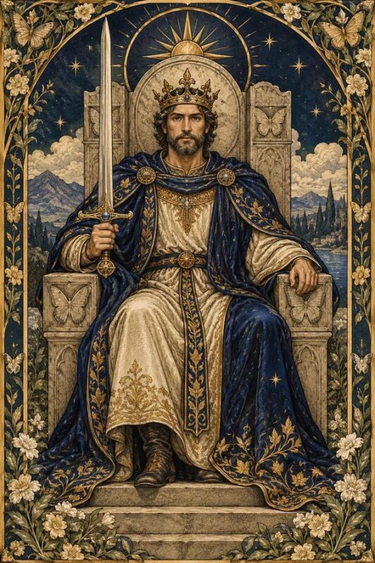 King of Swords – Nhà Vua Kiếm: nhà vua đội vương miện ngồi trên ngai đá, áo choàng xanh và thanh kiếm dựng bên người.