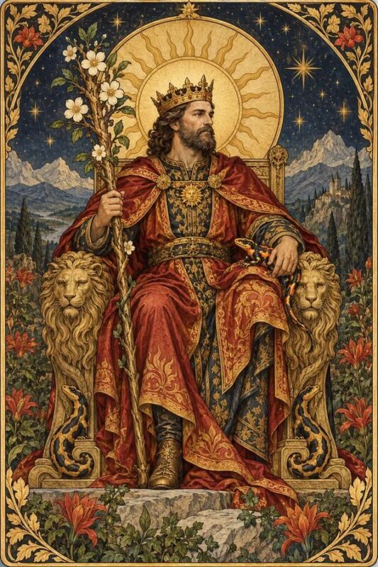 King of Wands (Nhà Vua Gậy): nhà vua có râu đội vương miện, mặc áo đỏ vàng, ngồi trên ngai và cầm cây gậy.