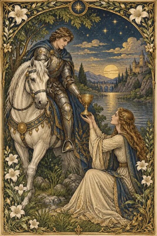 Knight of Cups (Kỵ Sĩ Cốc): người cưỡi ngựa trắng đưa cốc vàng về phía người phụ nữ đang ngồi bên nước.